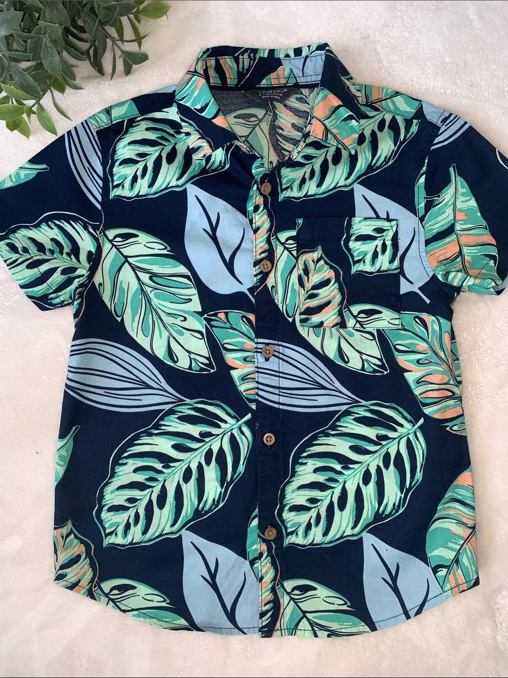 Primark Navy Blue & Green Tropical Button Down Shirt 6/7 EUC